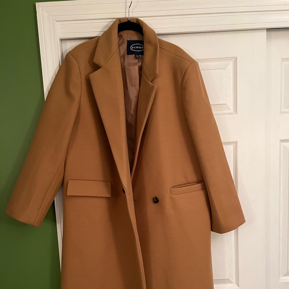 The Scoop Camel double breasted coat. Size Large.